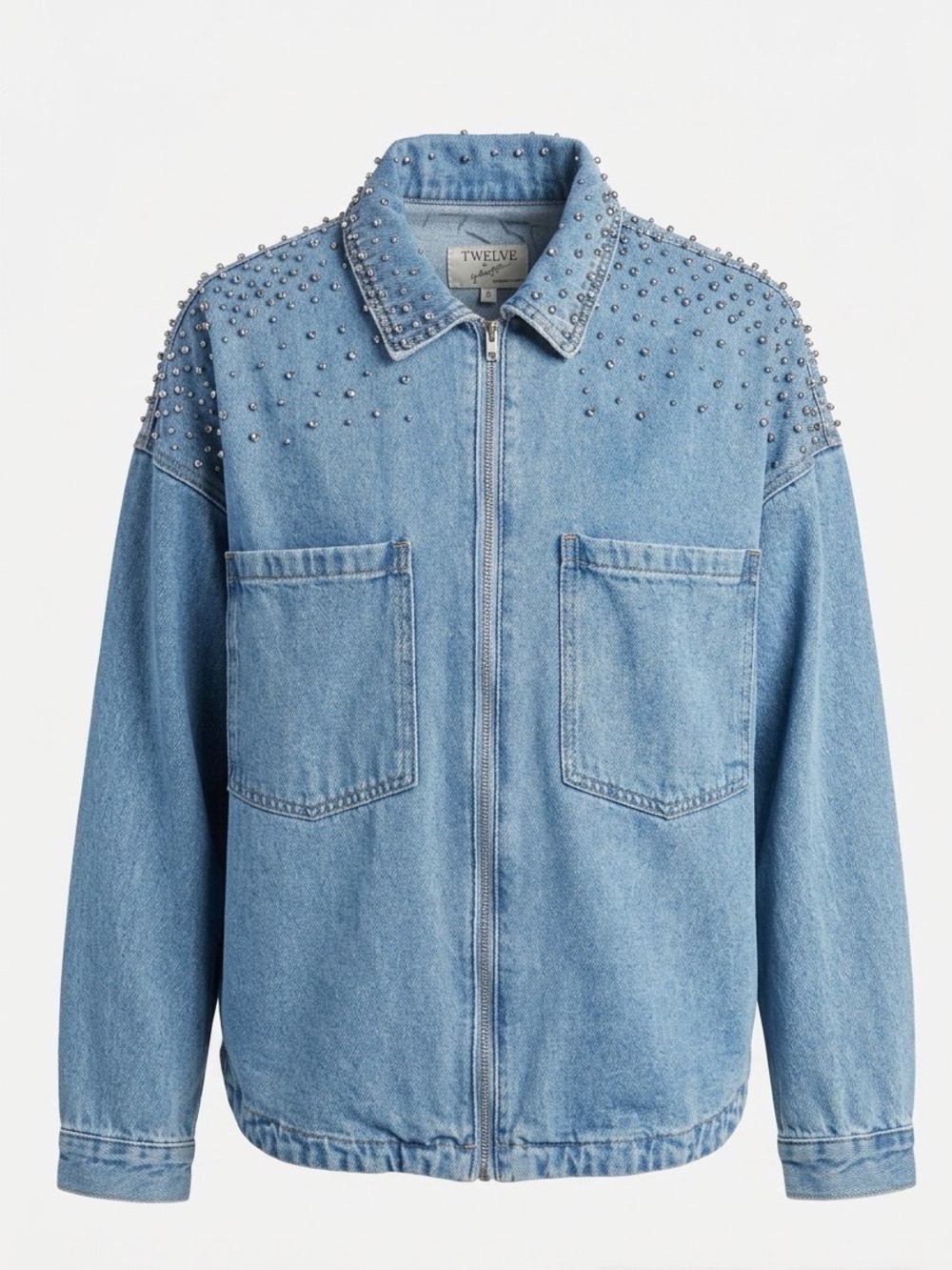 Twelve by OnTwelfth Rhinestone Embellished Oversized Denim Jacket w/ Zipper-Sz S